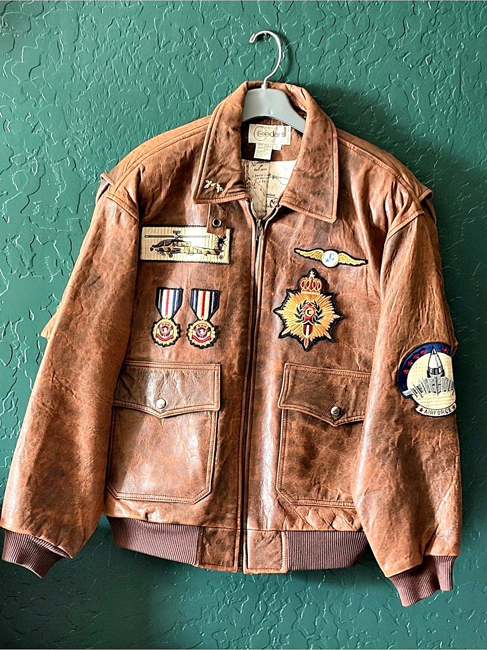 Vintage Cedars Multi-Patched Leather Bomber Flight Jacket Size S -Mint Condition